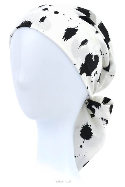 Przewiewny turban z wiązaniem biały w czarne kleksy AMSTERDAM # VC81